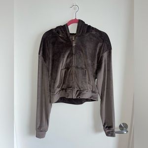 Skims Velour Zip-Up Cropped Hoodie, Amethyst Brown, Size Medium.